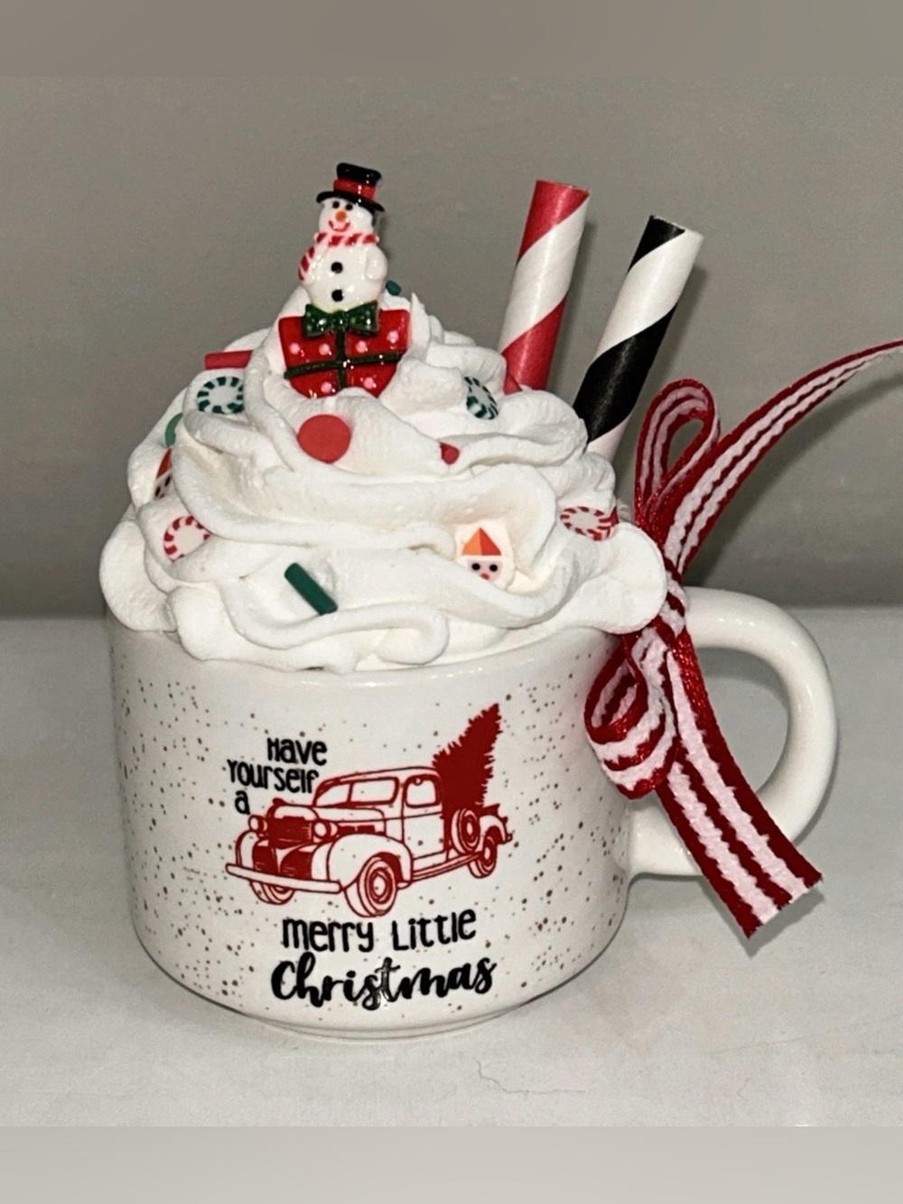 White Christmas Fake Mini Mug with Red Truck Design and Whipped Top Handmade